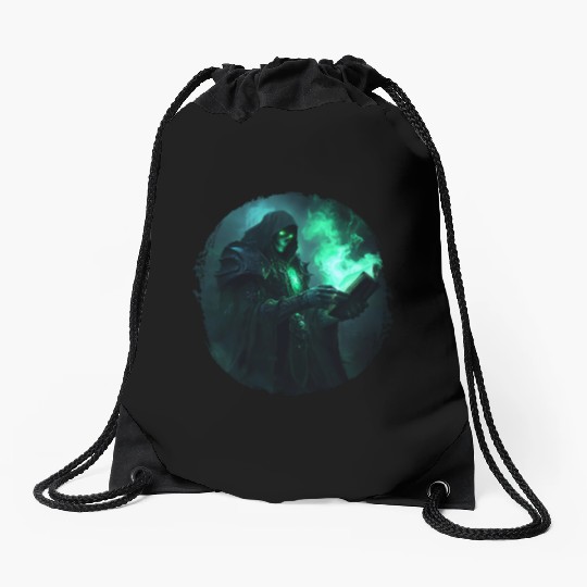 Green Shadow Mage with Burning Spell Book Drawstring Bags