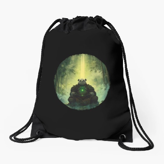 Meditating Panda Monk in a Glowing Bamboo Grove Drawstring Bags
