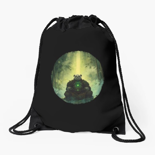 Meditating Panda Monk in a Glowing Bamboo Grove Drawstring Bags