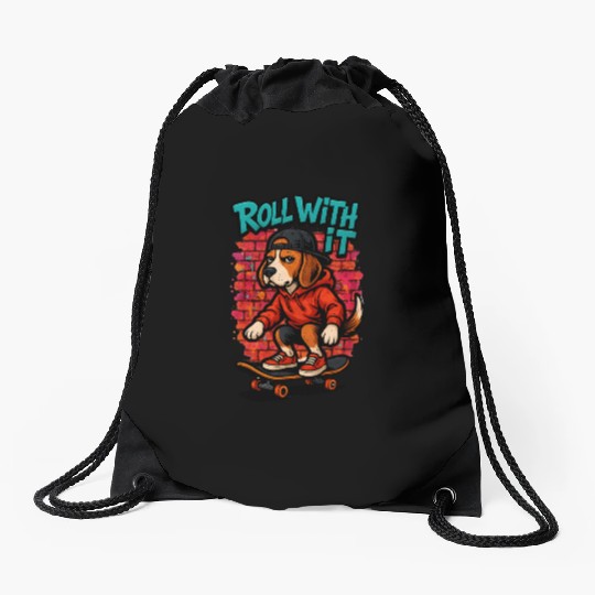 Street Style Beagle Skateboarding Graffiti Art Drawstring Bags