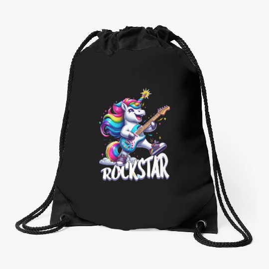 Rockstar Unicorn Playing Rainbow Guitar Drawstring Bags
