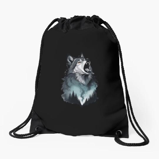 Howling Wolf Under the Northern Sky Drawstring Bags