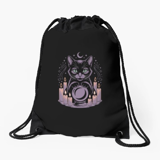 Witchy Cat with Crystal Ball and Candles Drawstring Bags