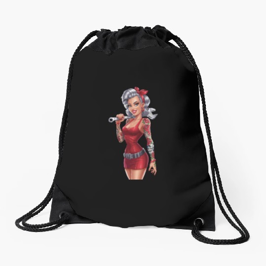 Retro Pin-Up Mechanic Woman with Tattoos and Drawstring Bags