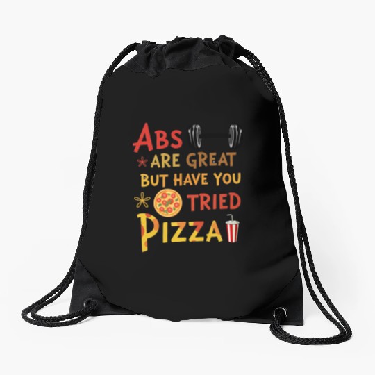 Funny Slogan with Dumbbell and Pizza - Pizza Lover Drawstring Bags