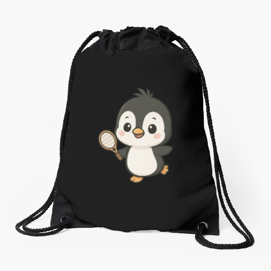 Cute penguin tennis player cartoon chibi sport Drawstring Bags