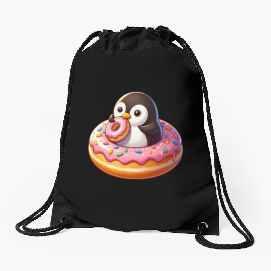 Sweet penguin with Donut Cartoon funny Drawstring Bags