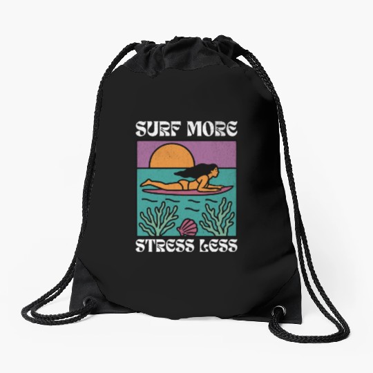 Surf More Stress Less | Tropical Sunset Surf Girl Drawstring Bags