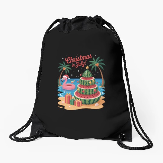 Christmas In July Watermelon Xmas Tree Santa Drawstring Bags