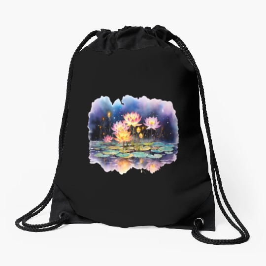 Retro Zen Lotus Firefly Night Drawstring Bags