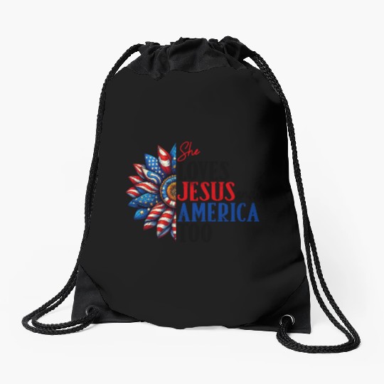 She Loves Jesus and America Too 4th of July Drawstring Bags