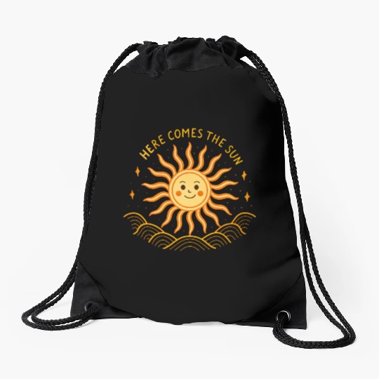 Here Comes The Sun Wavy Folk Art Retro 60s Drawstring Bags