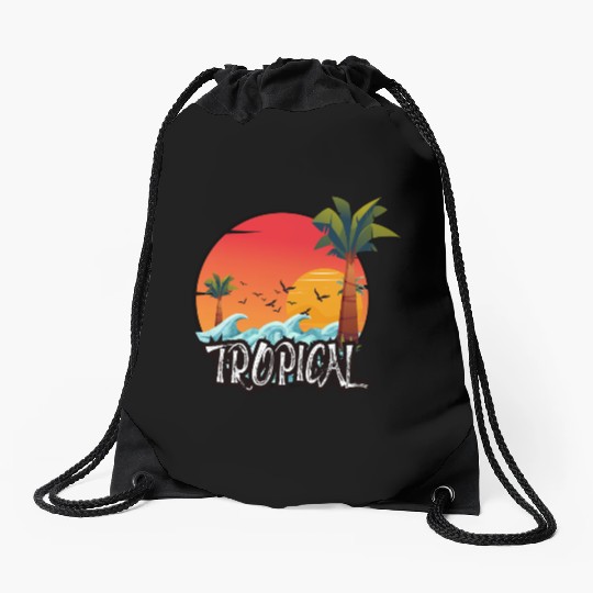 Vibrant Tropical Sunset Scene Drawstring Bags