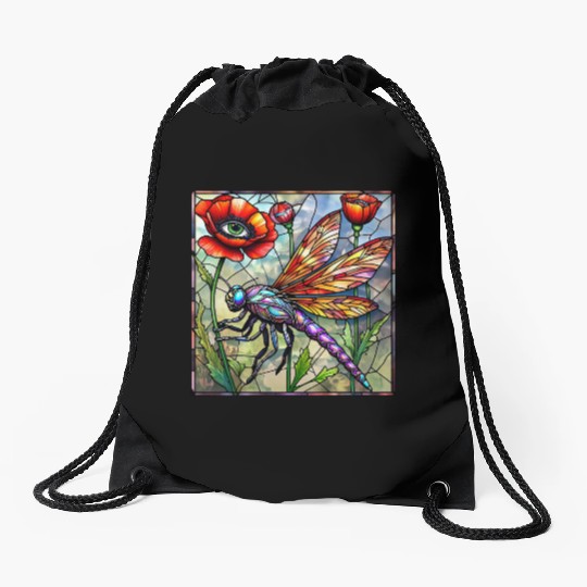 Dragonfly stained glass poppy flower insect eye Drawstring Bags