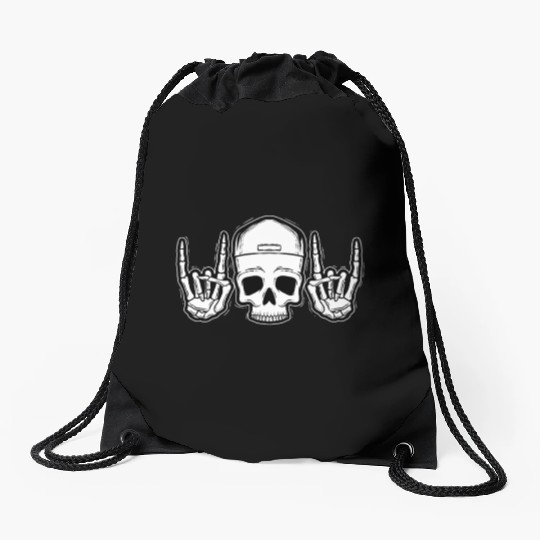 Skull Rock On Skeleton Hands Art Drawstring Bags