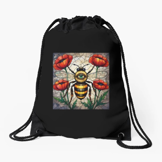 Bumble bee stained glass vibrant poppy flower eye Drawstring Bags