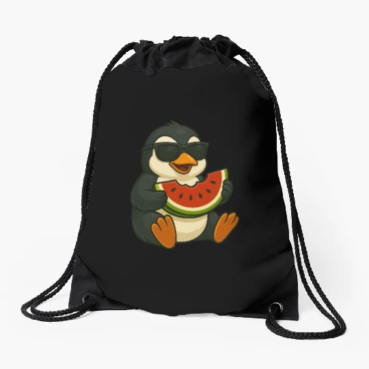 Cute penguin with watermelon fruit summer cartoon Drawstring Bags