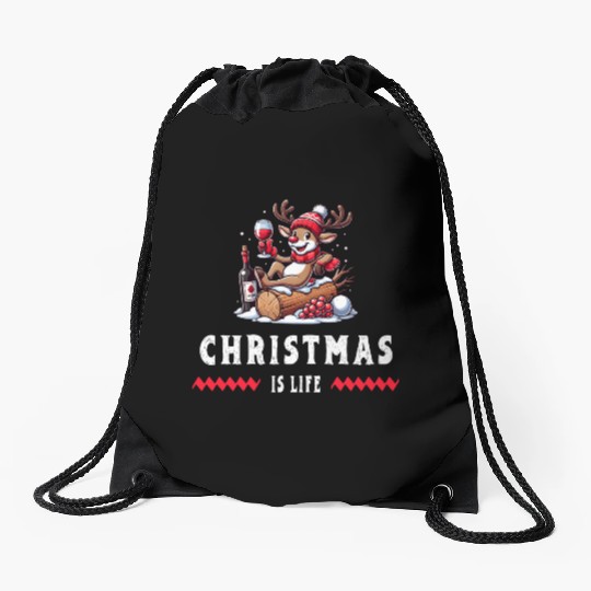 Reindeer With Wine - Christmas Vibes Drawstring Bags