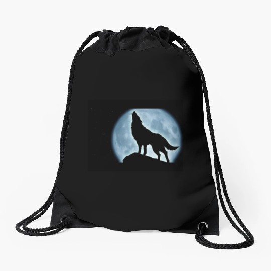Wolf howling in the moonlight Drawstring Bags