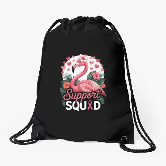 Pink Flamingo Support Squad Design Drawstring Bags