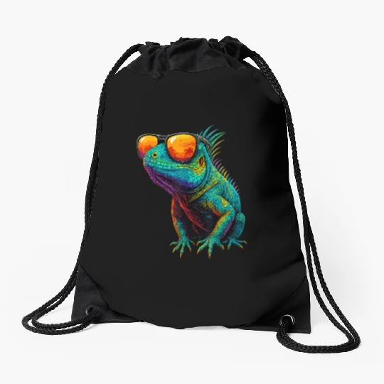 Cool Neon Iguana with Sunset Sunglasses Drawstring Bags