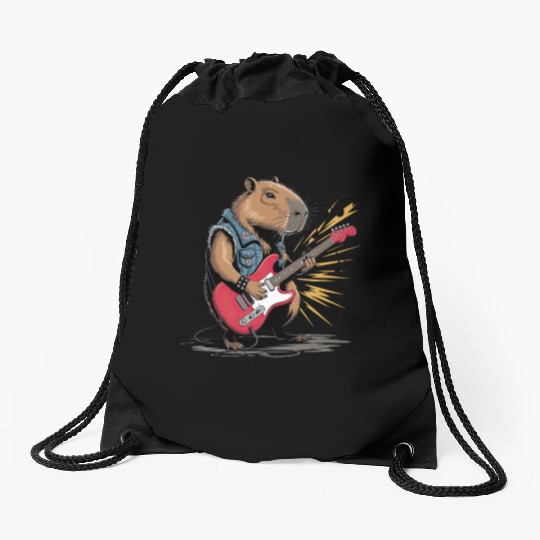 Cool Capybara Playing Electric Guitar Drawstring Bags