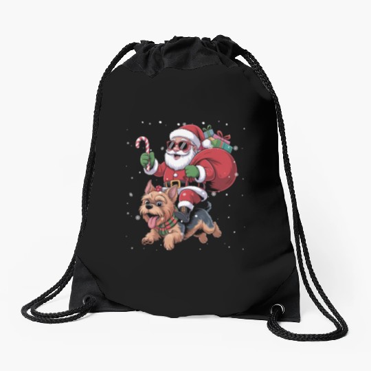 Santa Claus Yorkie Dog Christmas In July Drawstring Bags