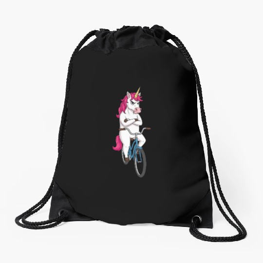 Grumpy Unicorn on Bike – For Cyclists Drawstring Bags