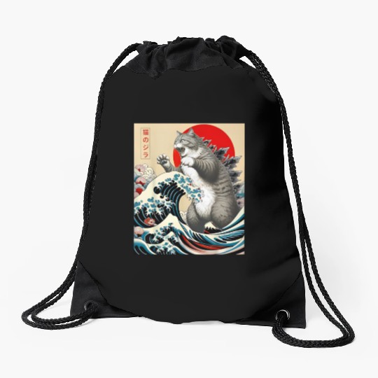 Catzilla Cat Japanese Art Funny Cat Drawstring Bags