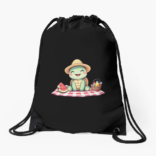 Whimsical Picnic Turtle Illustration Drawstring Bags