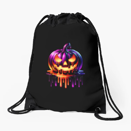 Neon Dripping Pumpkin Halloween Design Drawstring Bags