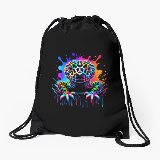 Neon Psychedelic Lizard Illustration Drawstring Bags