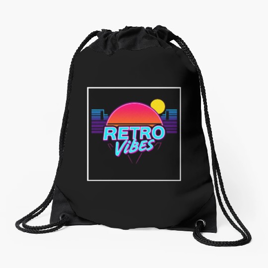Retro Vibes Sunset Neon Design Drawstring Bags