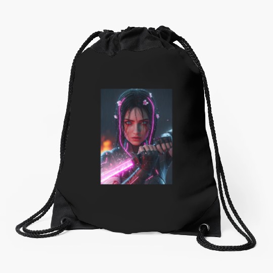 Cyberpunk Samurai Girl Drawstring Bags