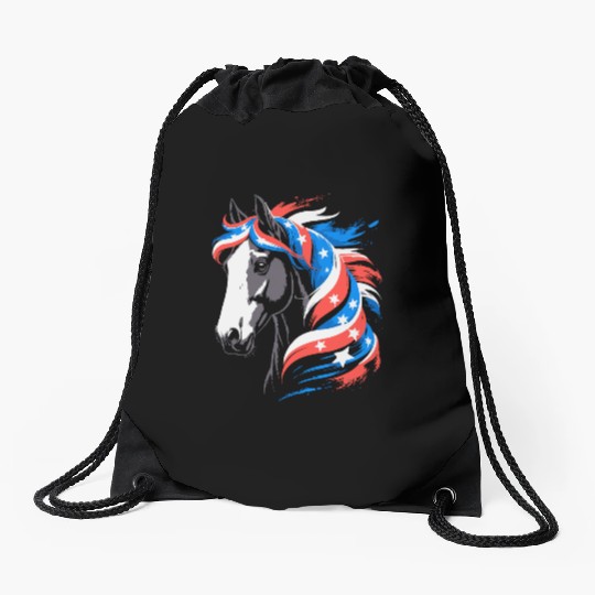 Patriotic Pony with Stars and Stripes Mane Drawstring Bags