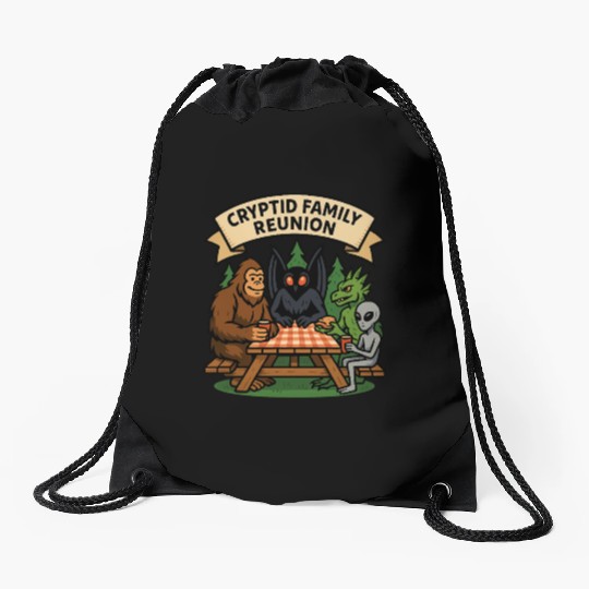 Cryptid Family Reunion Drawstring Bags