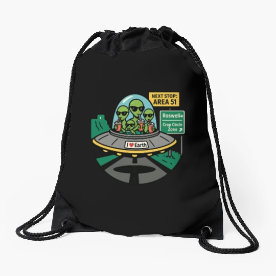 Alien road trip Drawstring Bags