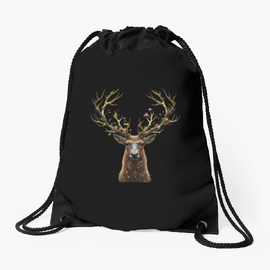 Enchanted Forest Deer Illustration Drawstring Bags