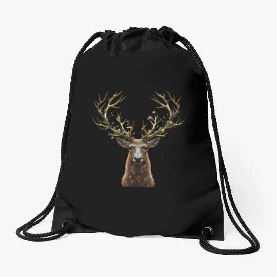 Enchanted Forest Deer Illustration Drawstring Bags