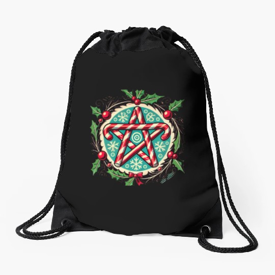 Yule Pentacle with Candy Canes Pagan Holiday Desig Drawstring Bags