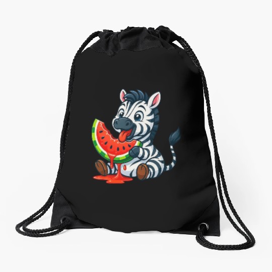 Cute zebra with watermelon summer cartoon Drawstring Bags