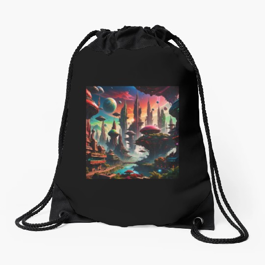 Future Alien Cityscape Ufo Different Planet View Drawstring Bags