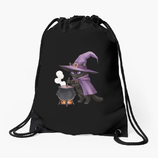 Enchanted Black Cat Witch Illustration Drawstring Bags