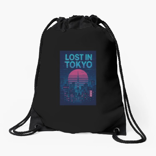 Lost in Tokyo – Retro Futurism Glitch Drawstring Bags