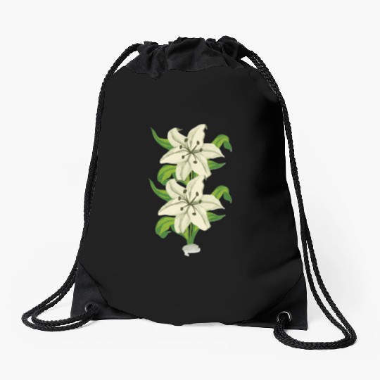 Elegant White Lily Botanical Illustration Drawstring Bags