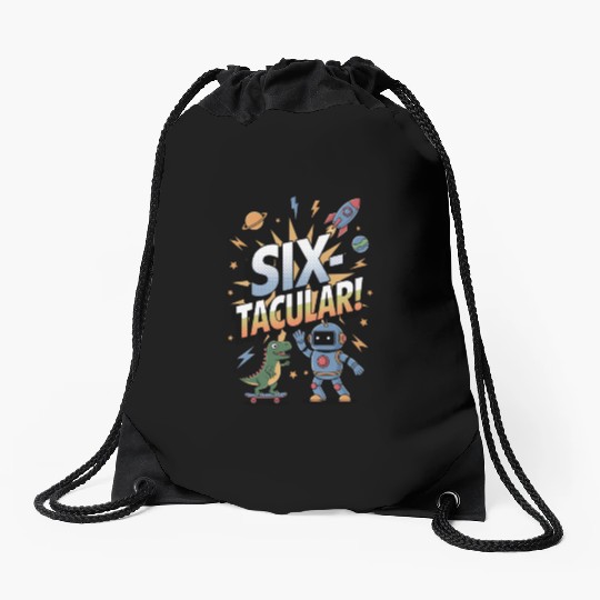 Six-Tacular - 6th Birthday Space Robot Celebration Drawstring Bags