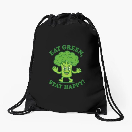 Eat Green Stay Happy Broccoli Character Drawstring Bags