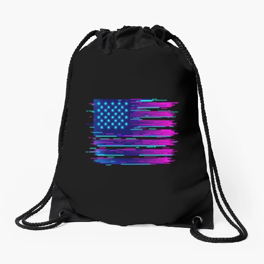 Retro Neon Grunge American Flag Drawstring Bags