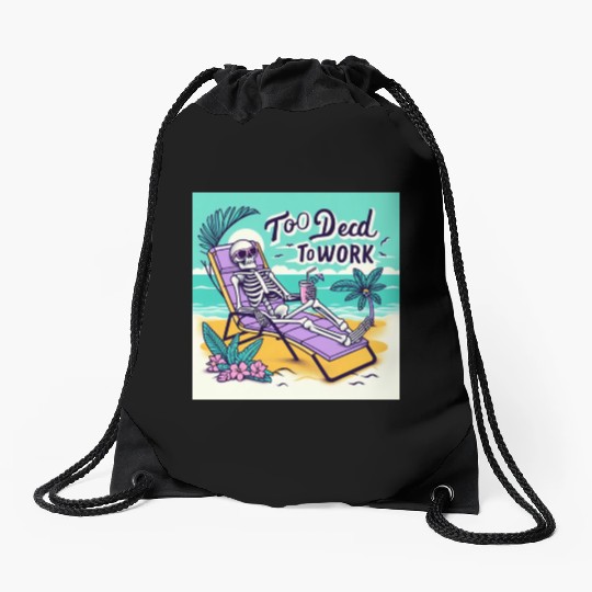 Skeleton Relaxing at Beach Scene Drawstring Bags