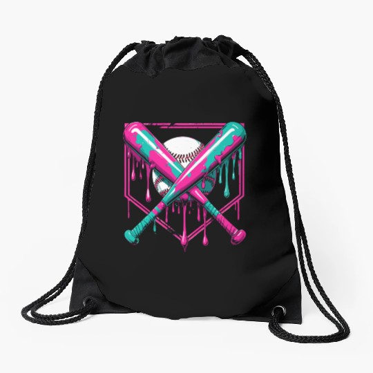 Neon Baseball Bat and Ball Art Drawstring Bags